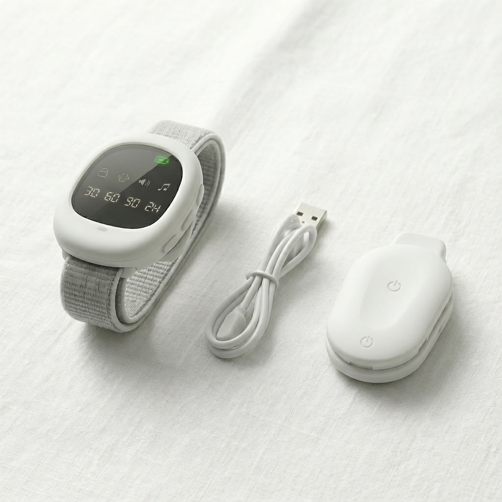 LyleCare Bedtime Kit with wireless bedwetting sensor, smart wristband and charging cable