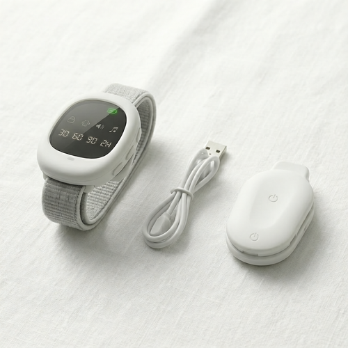 LyleCare Bedtime Kit with wireless bedwetting sensor, smart wristband and charging cable