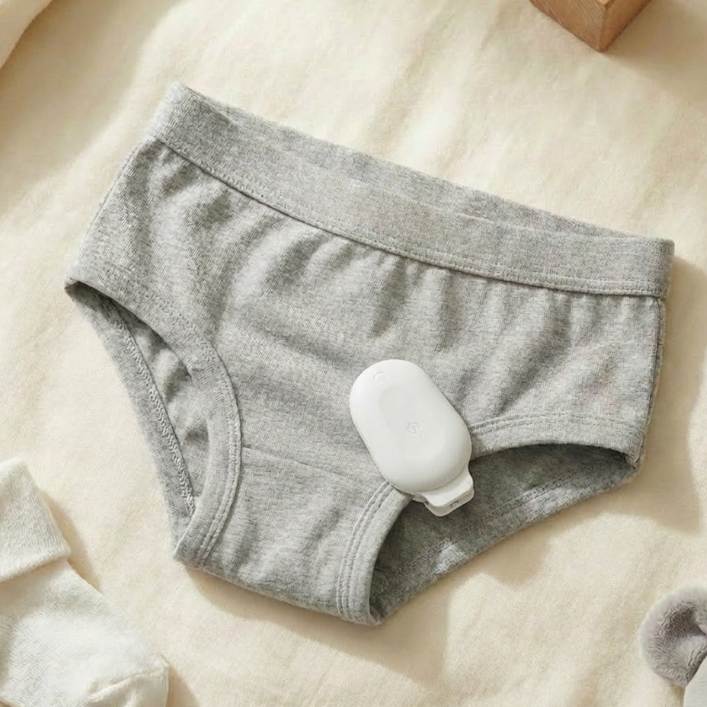 LyleCare moisture sensor clipped to children's underwear for instant bedwetting detection
